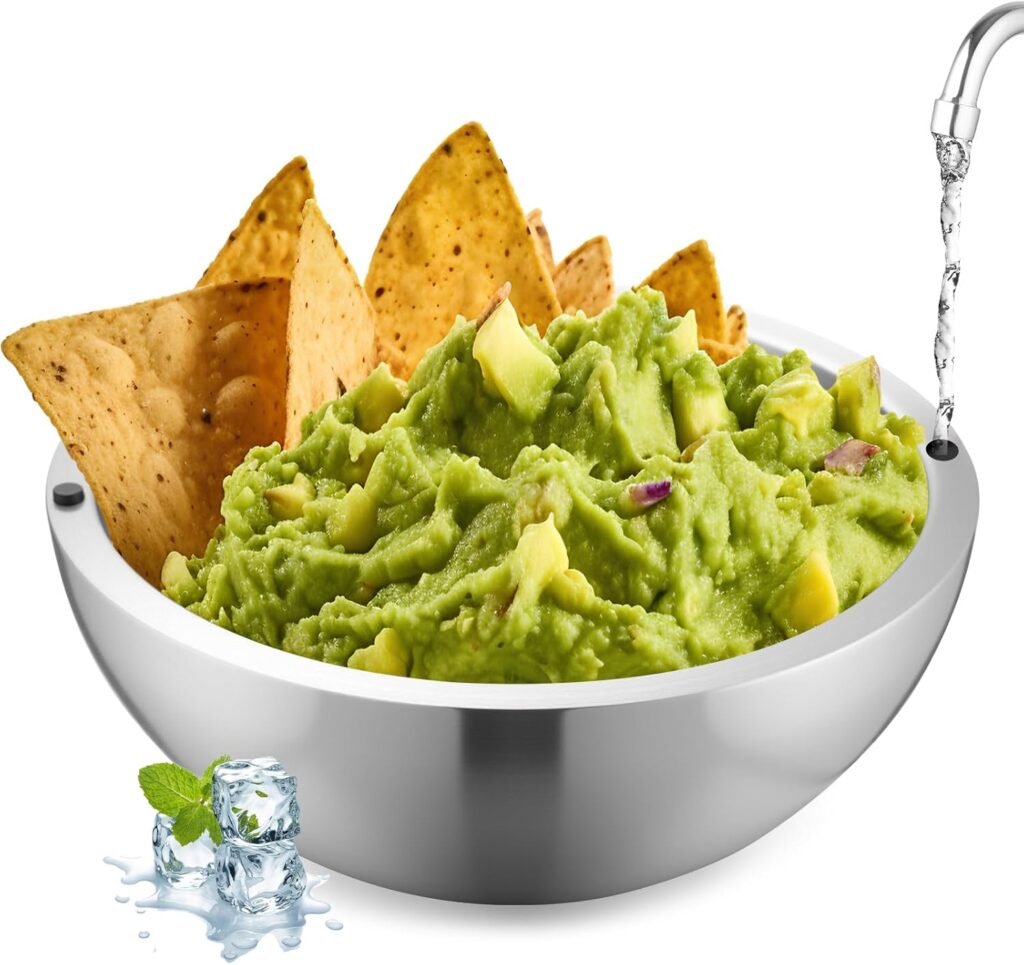Temperature-controlled stainless steel bowl for keeping food hot or cold during parties
