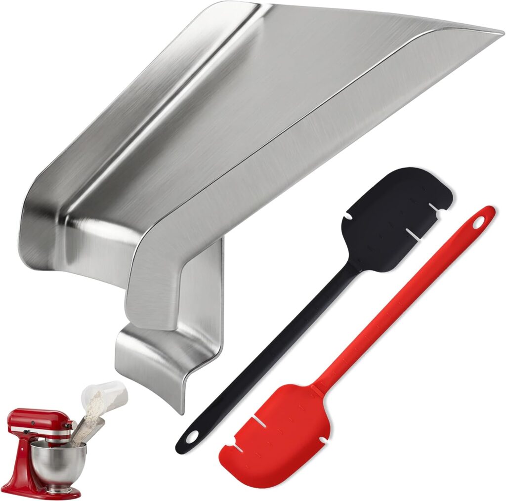 Stainless steel pouring chute for KitchenAid mixer and silicone spatulas for easy kitchen prep.