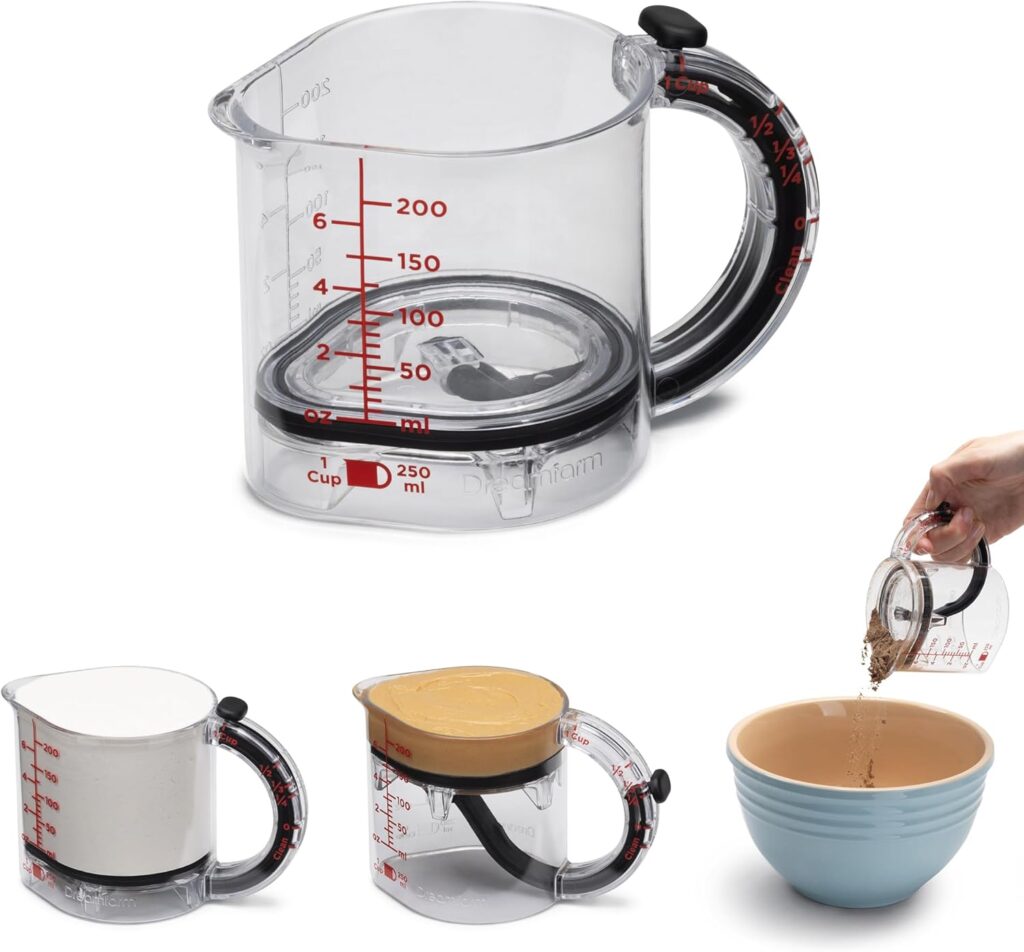Adjustable measuring cup with plunger for sticky ingredients like honey and peanut butter.