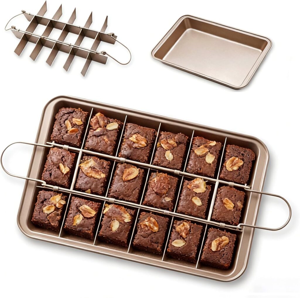 Non-stick brownie pan with dividers for perfect, evenly baked brownie squares.