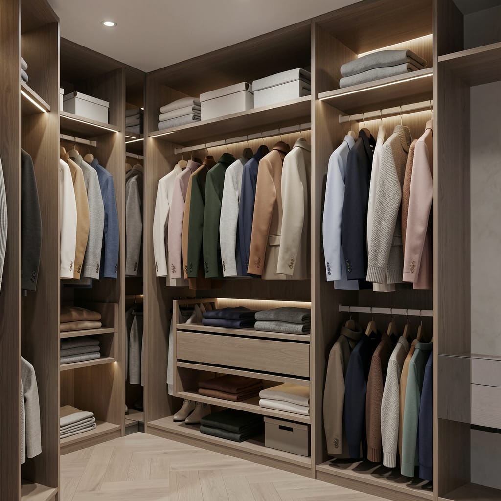Modern walk-in closet with perfectly organized hanging clothes, wooden shelves, and integrated LED lighting, exemplifying organized living and smart storage solutions for a clutter-free home.