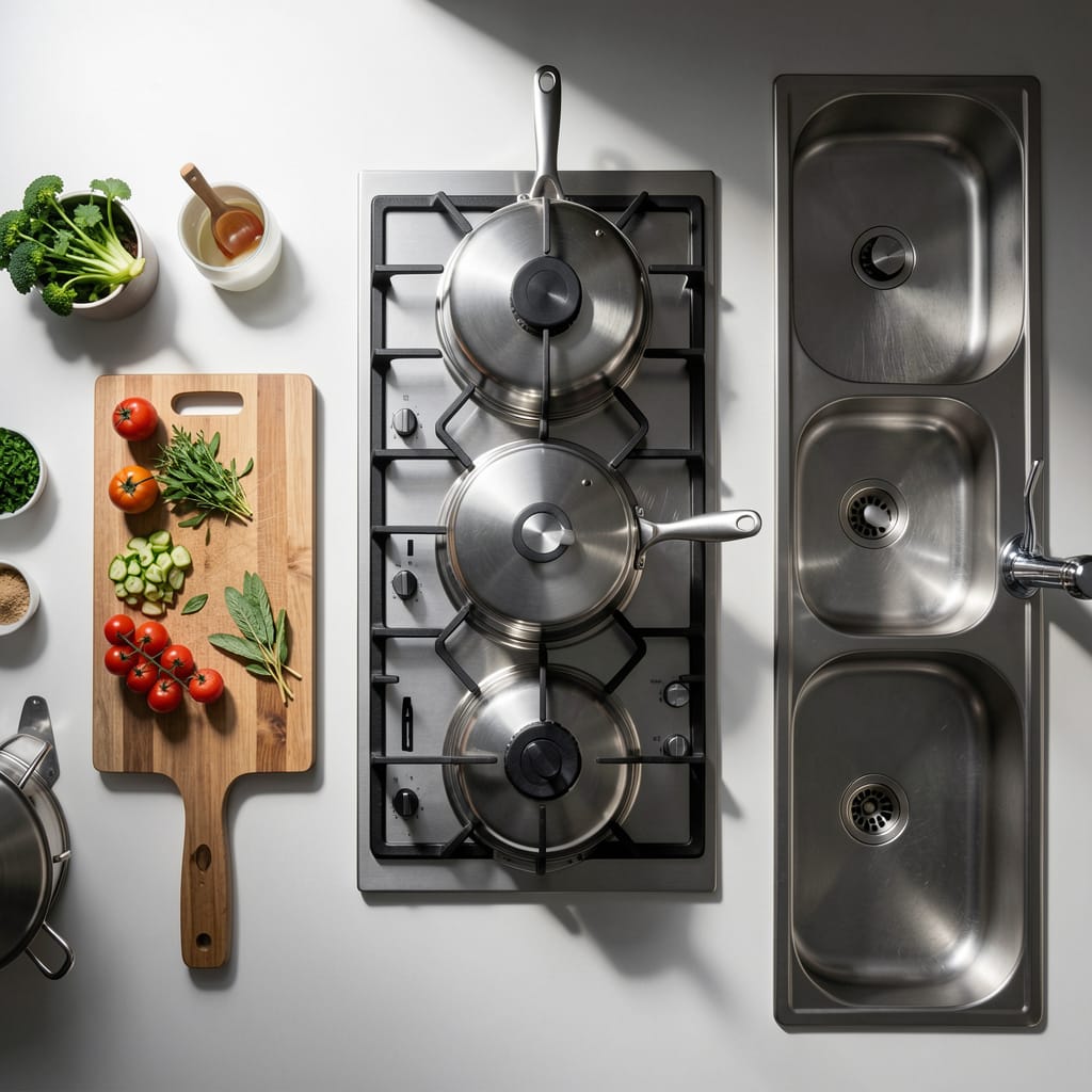 Top-down view of a professional kitchen stove with stainless steel cookware and fresh ingredients on a wooden cutting board, symbolizing efficient kitchen organization - Kitchen Calm