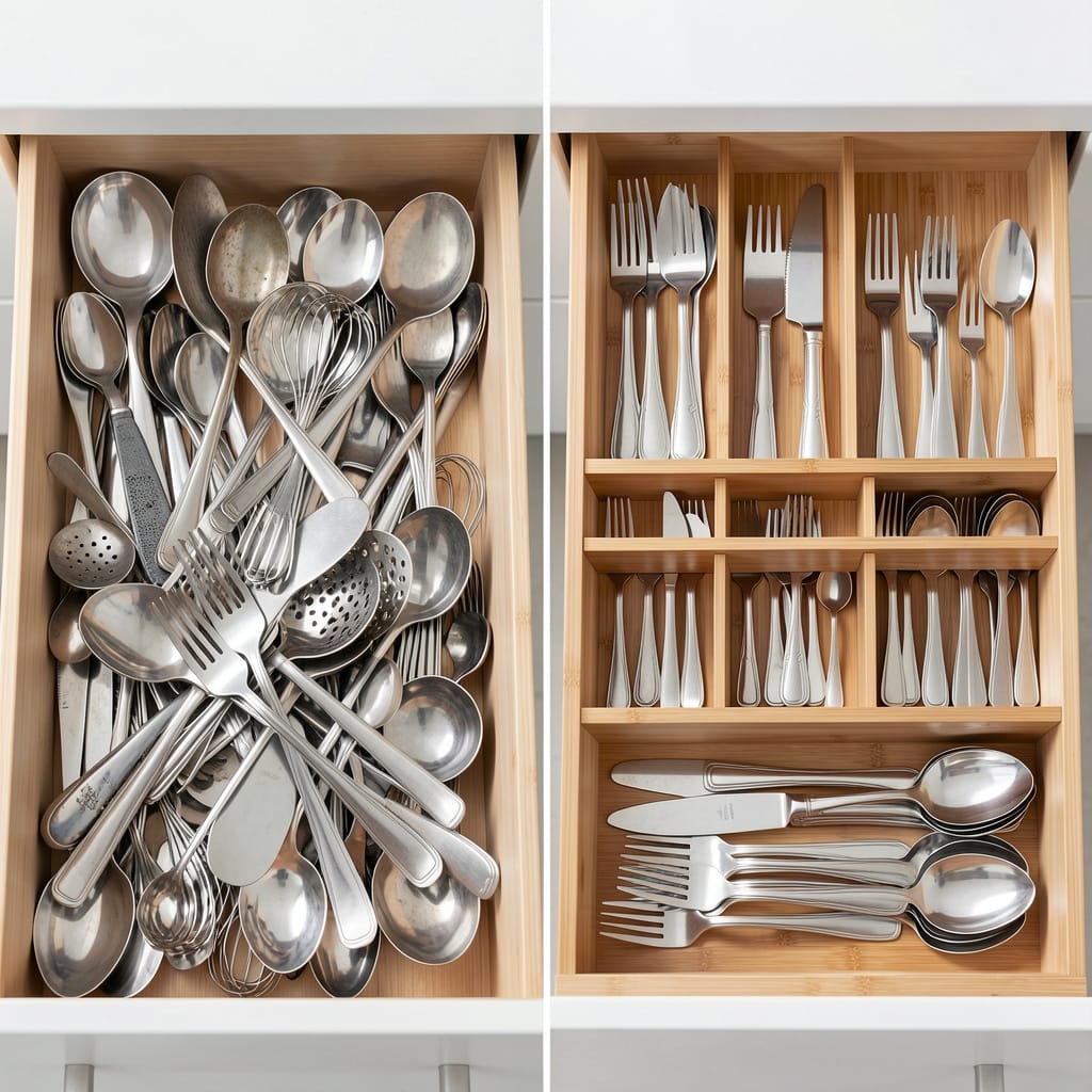 Before and after comparison of a messy kitchen cutlery drawer versus a perfectly organized drawer with bamboo dividers - Kitchen Calm
