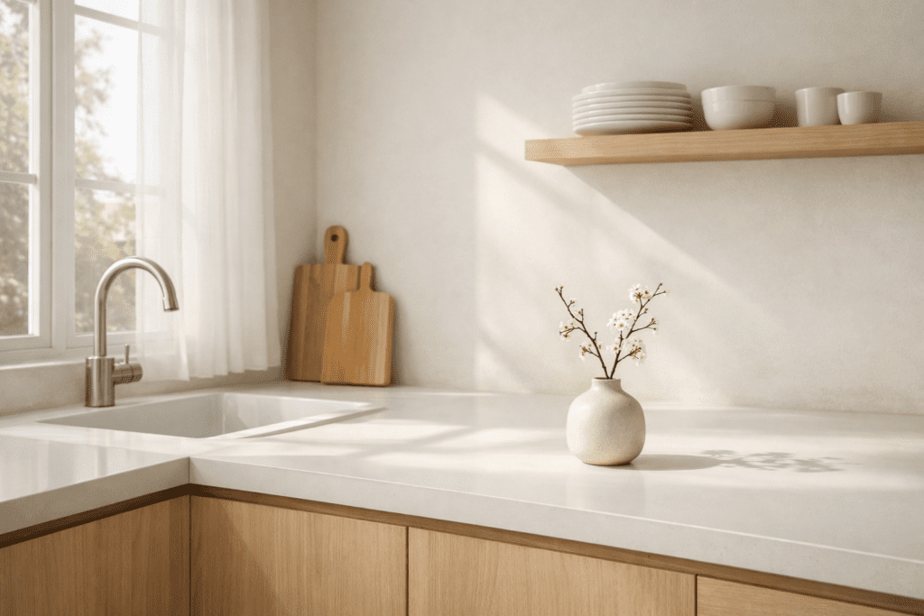 A serene minimalist kitchen corner with a clutter-free countertop, neutral aesthetic, natural light, and simple decor, representing peaceful organized living.