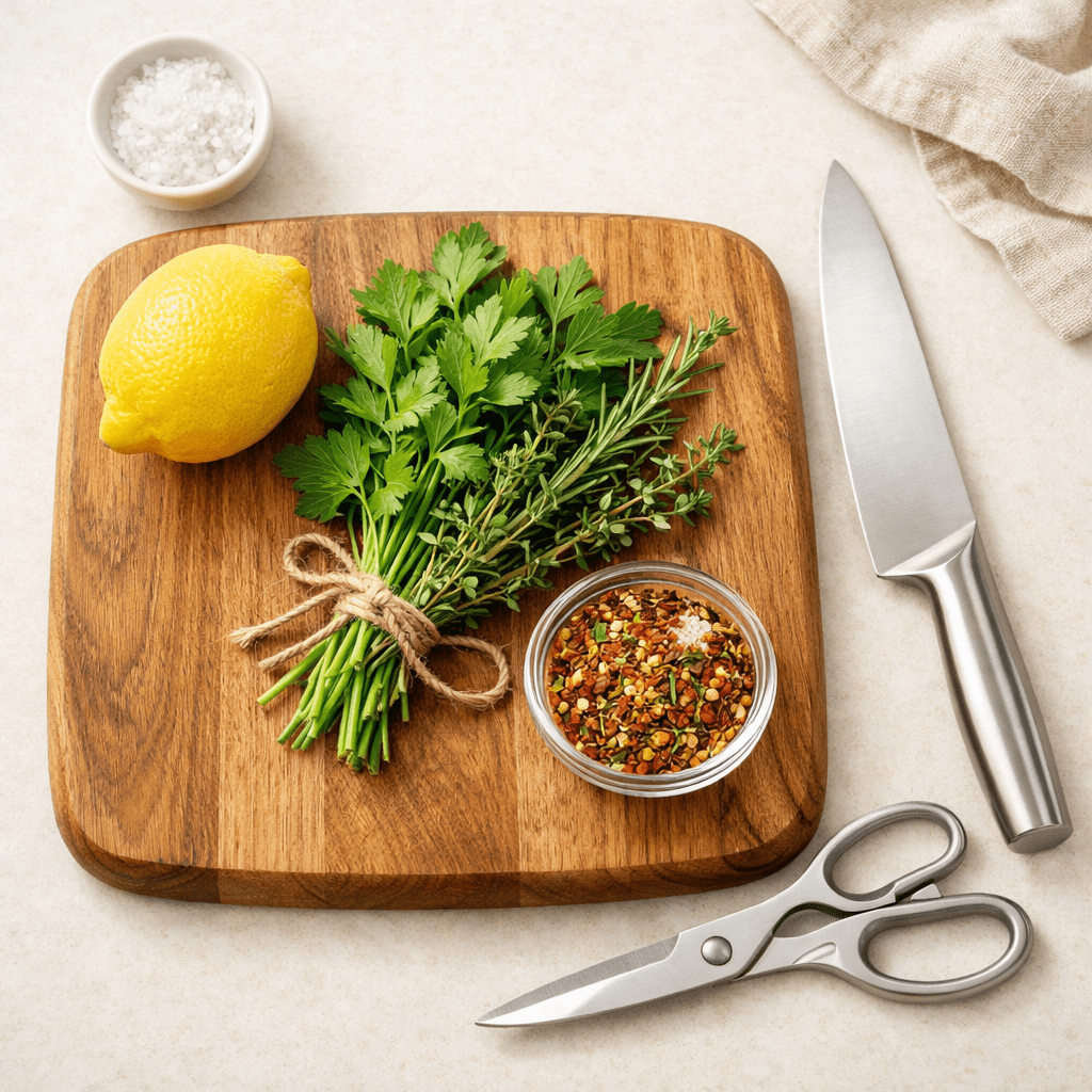 Fresh kitchen ingredients neatly arranged on a wooden cutting board, capturing the art of smart cooking and creative recipe substitutions.