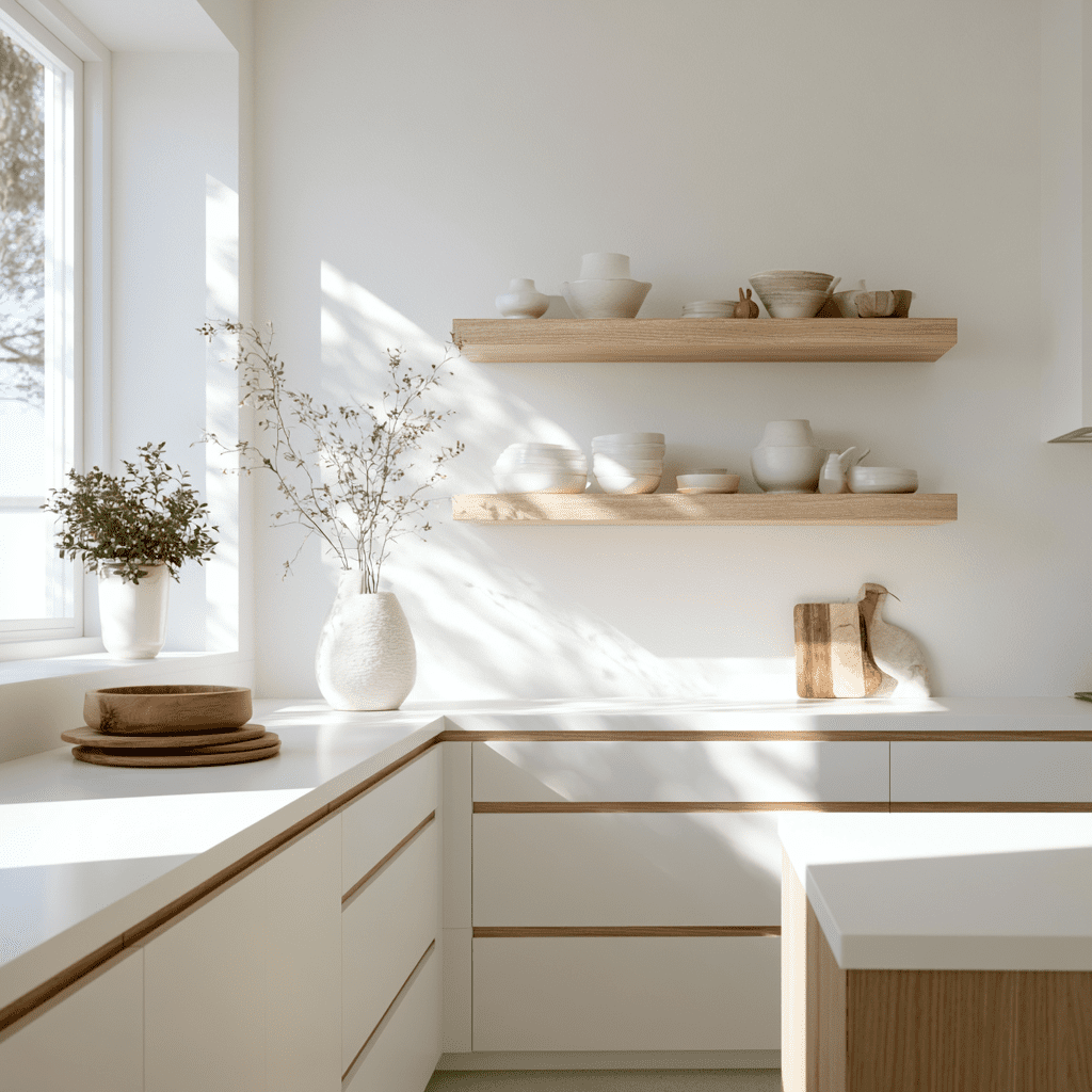 A bright, minimalist Scandinavian-style kitchen with natural light and organized countertops for a calm home environment. Minimalist Kitchen Organization setup with containers