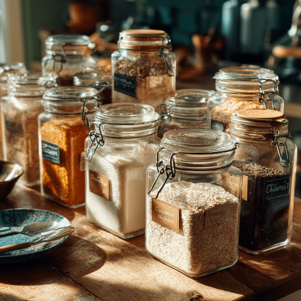 Glass jars filled with various kitchen pantry staples like sugar and oats arranged beautifully