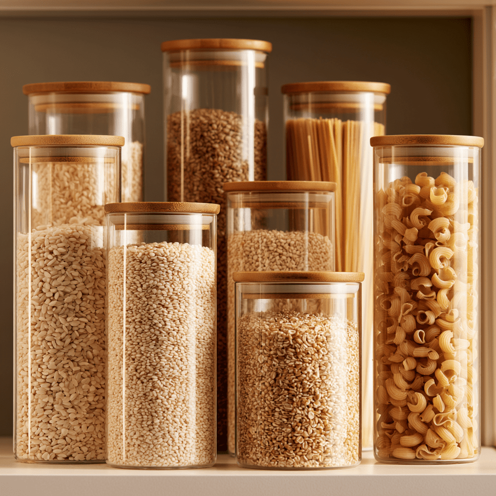 Neatly organized kitchen pantry shelf with clear glass jars and bamboo lids, perfect for sustainable kitchen organization.