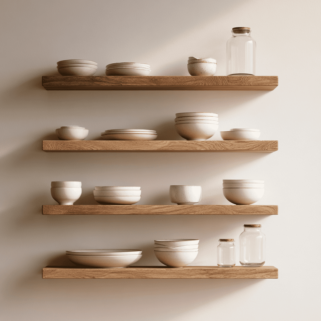 Minimalist kitchen wall with wooden floating shelves holding ceramic dishes, an ideal example of vertical kitchen storage.