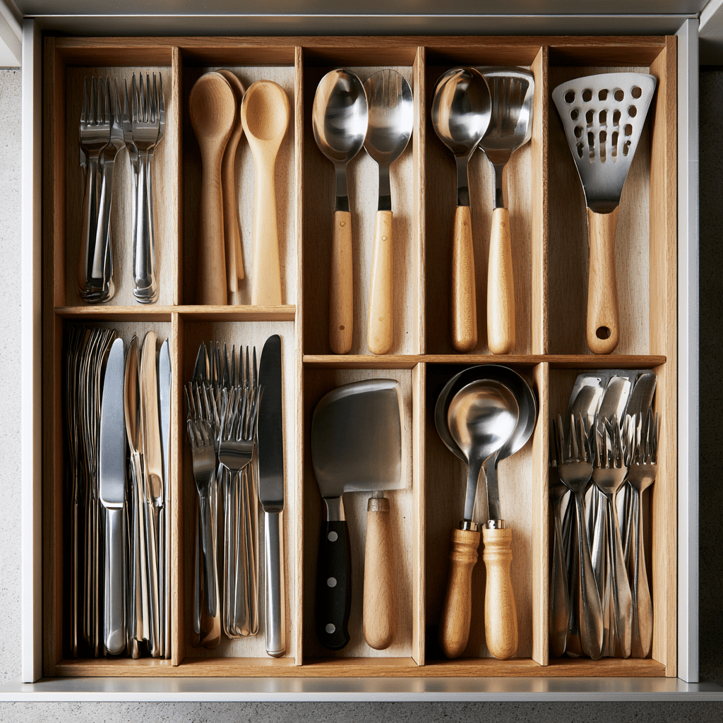 Neatly organized kitchen drawer with wooden dividers for utensils, showcasing a clutter-free and tidy kitchen drawer.