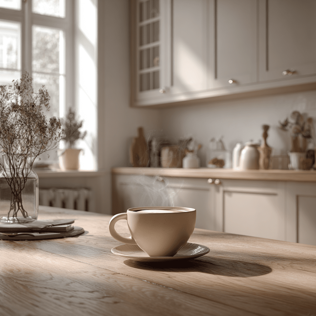 A peaceful, minimalist kitchen interior with a steaming cup of coffee