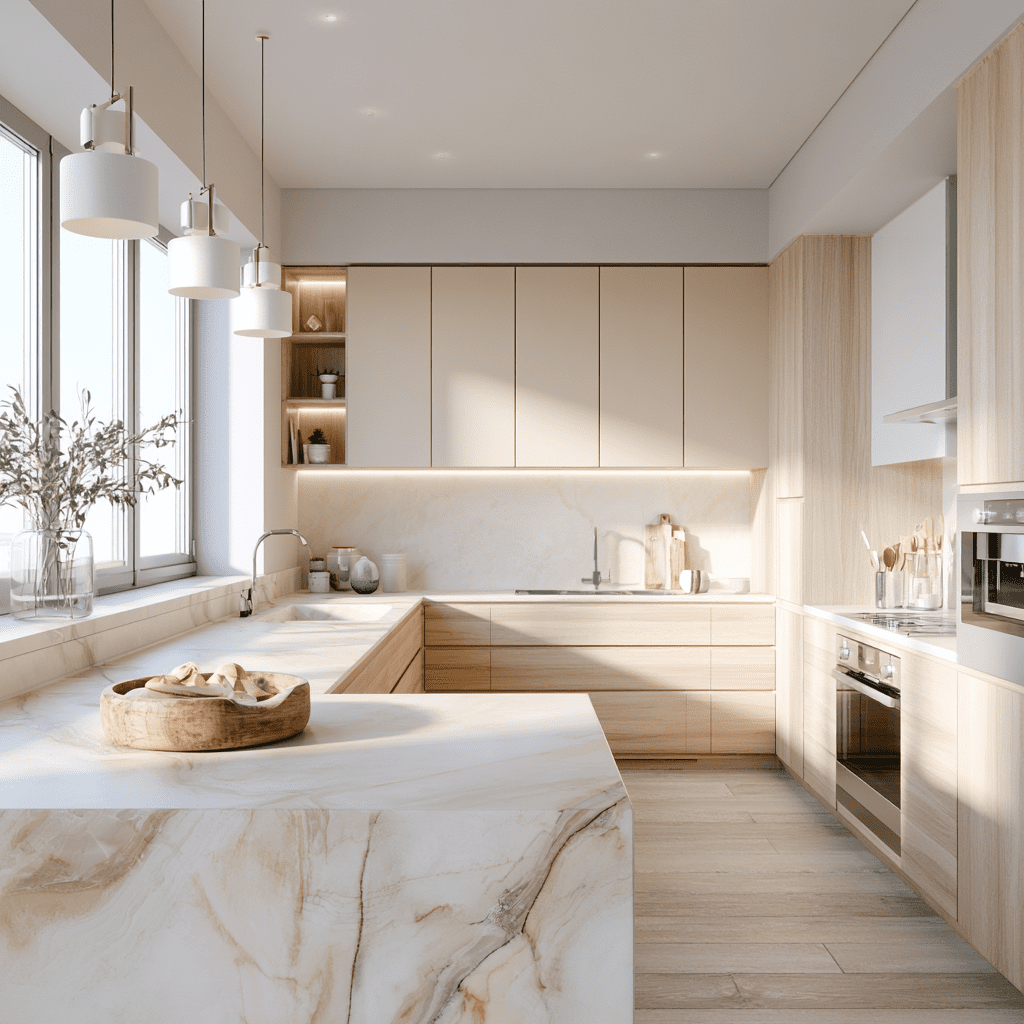 Modern kitchen workflow layout showing an ergonomic design for efficient meal preparation and kitchen organization. Minimalist Kitchen Organization setup with containers