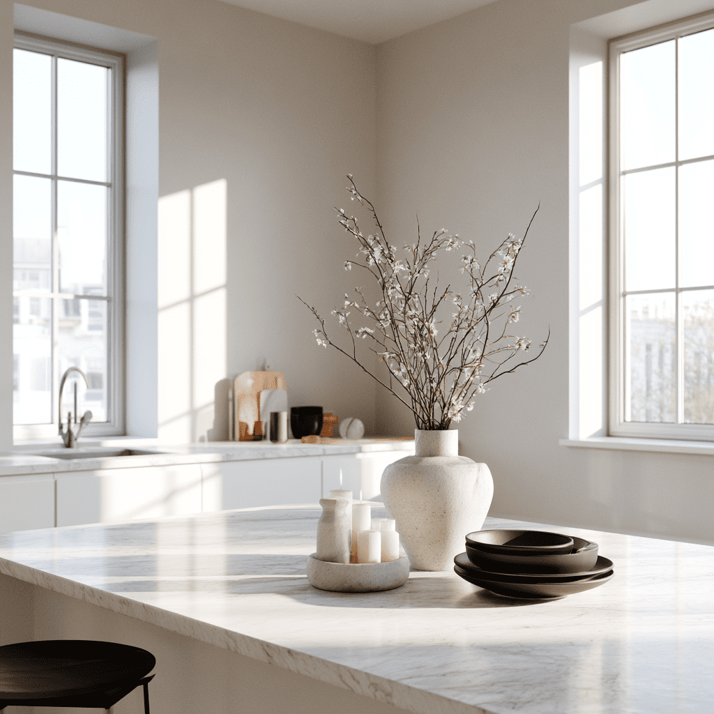 A serene kitchen showcasing minimalist home organization, reflecting a calm and decluttered space for improved mental clarity.