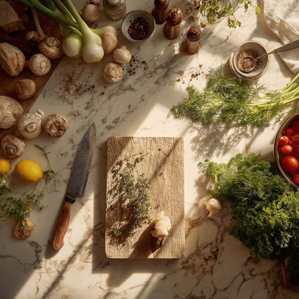 top-down shot of a messy kitchen counter with fresh vegetables and spices for cooking Kitchen Substitutions Guide