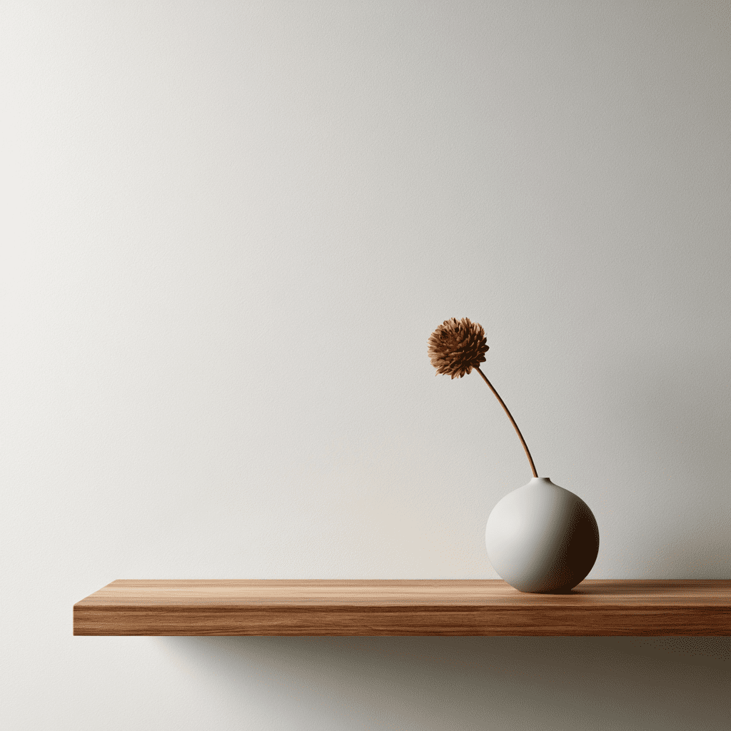 An example of negative space in minimalist home organization using a clean shelf to reduce stress.