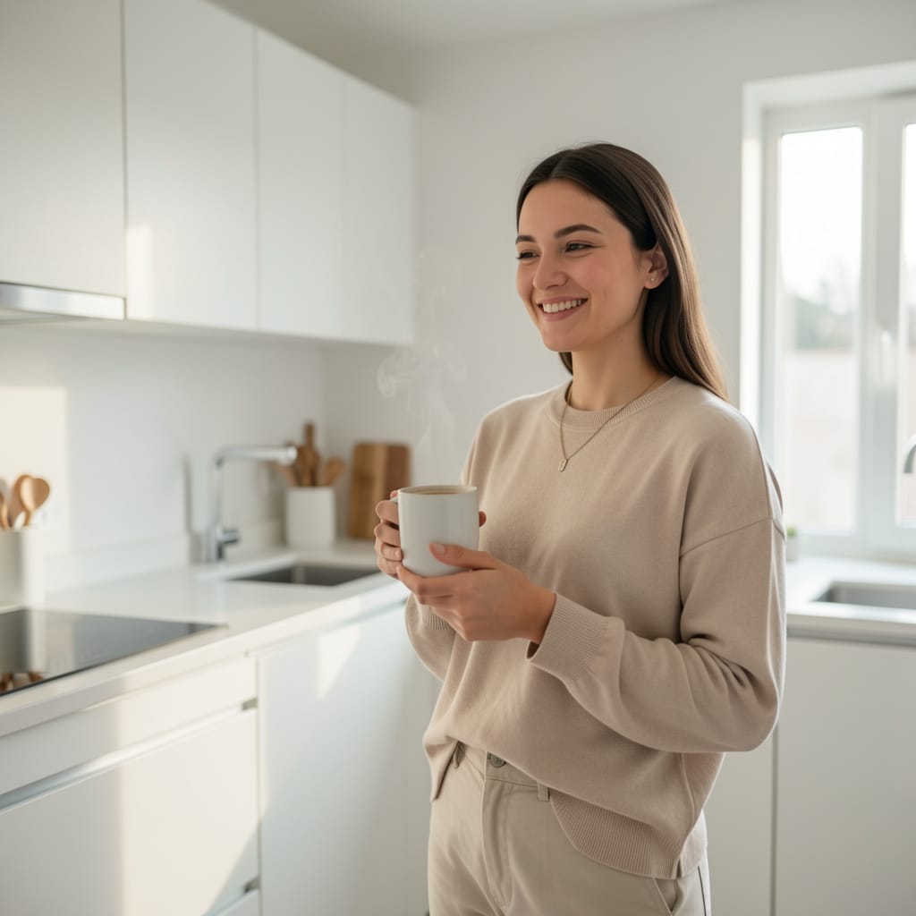 Happy woman enjoying a calm morning with coffee in a perfectly organized modern minimalist kitchen - Kitchen Calm