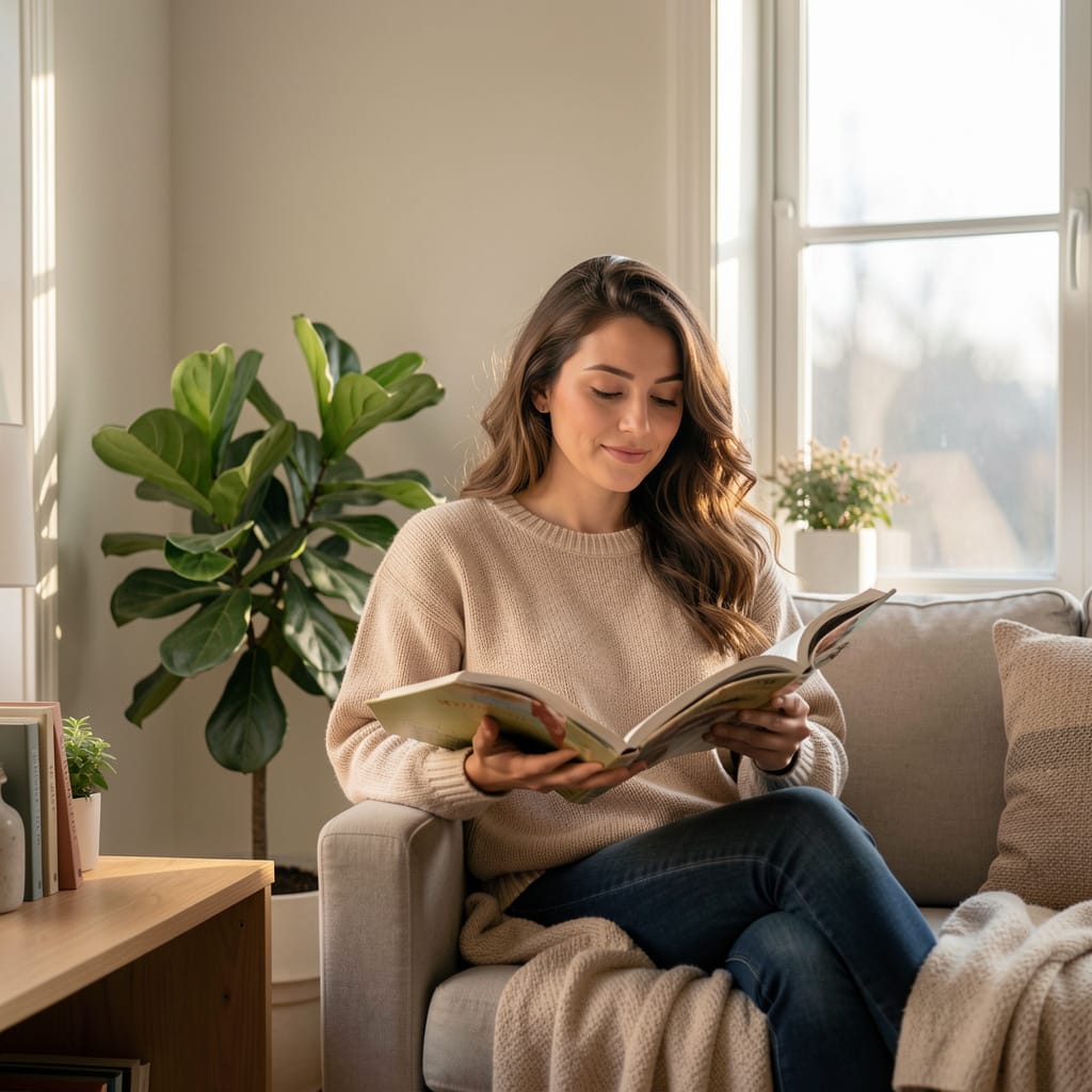Young woman reading a book in a cozy, bright, and organized living room corner with a minimalist aesthetic, an indoor plant, and a peaceful home atmosphere, perfect representation of mindful and organized living.