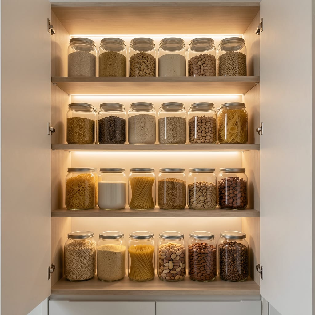 Pantry organization with uniform clear glass jars on illuminated wooden shelves for a minimalist kitchen - Kitchen Calm