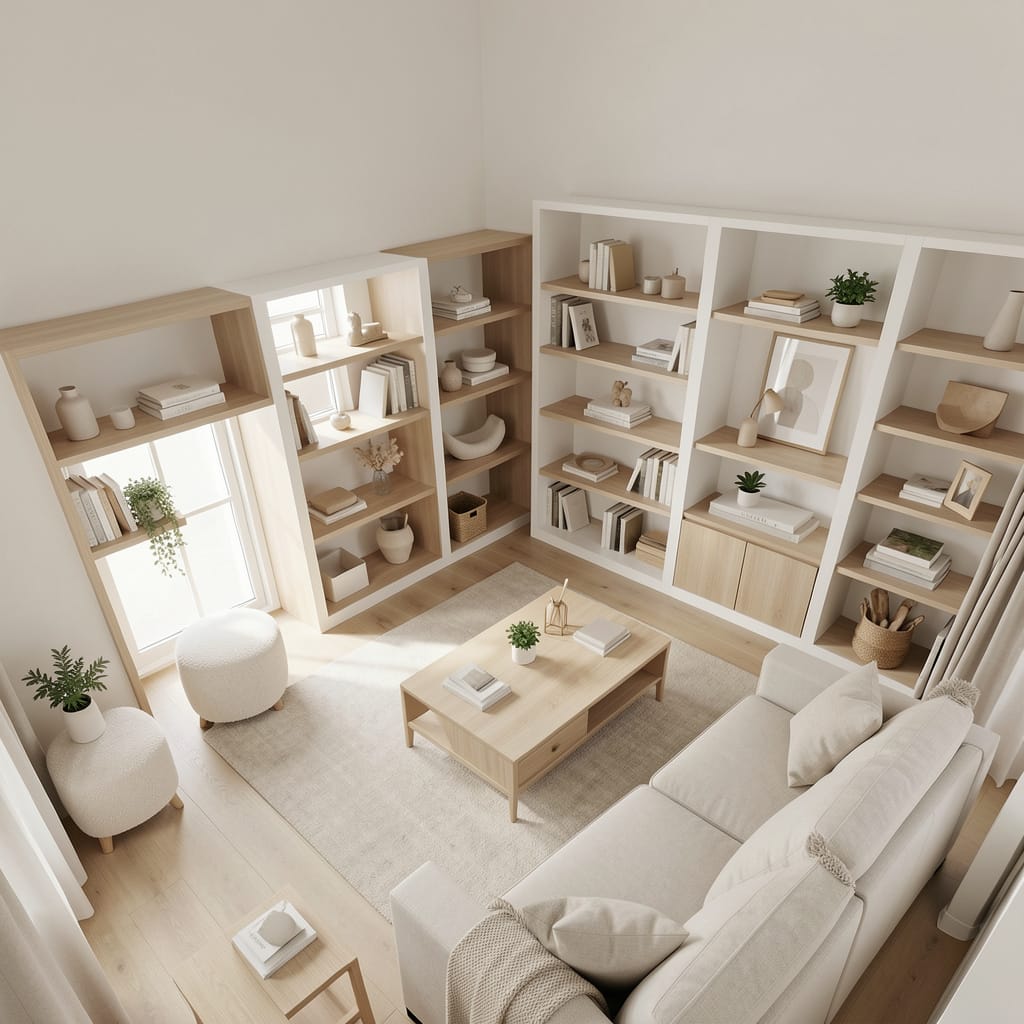 Minimalist living room interior with built-in wooden bookshelves, organized open storage, neutral color palette, and modern cozy furniture, perfect example of organized living and clutter-free home design.
