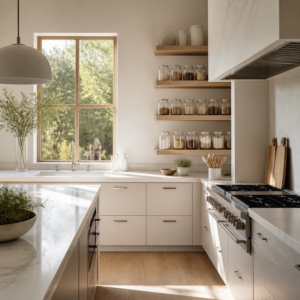 Minimalist modern kitchen design with organized open shelving and natural sunlight for a calm home environment - Kitchen Calm